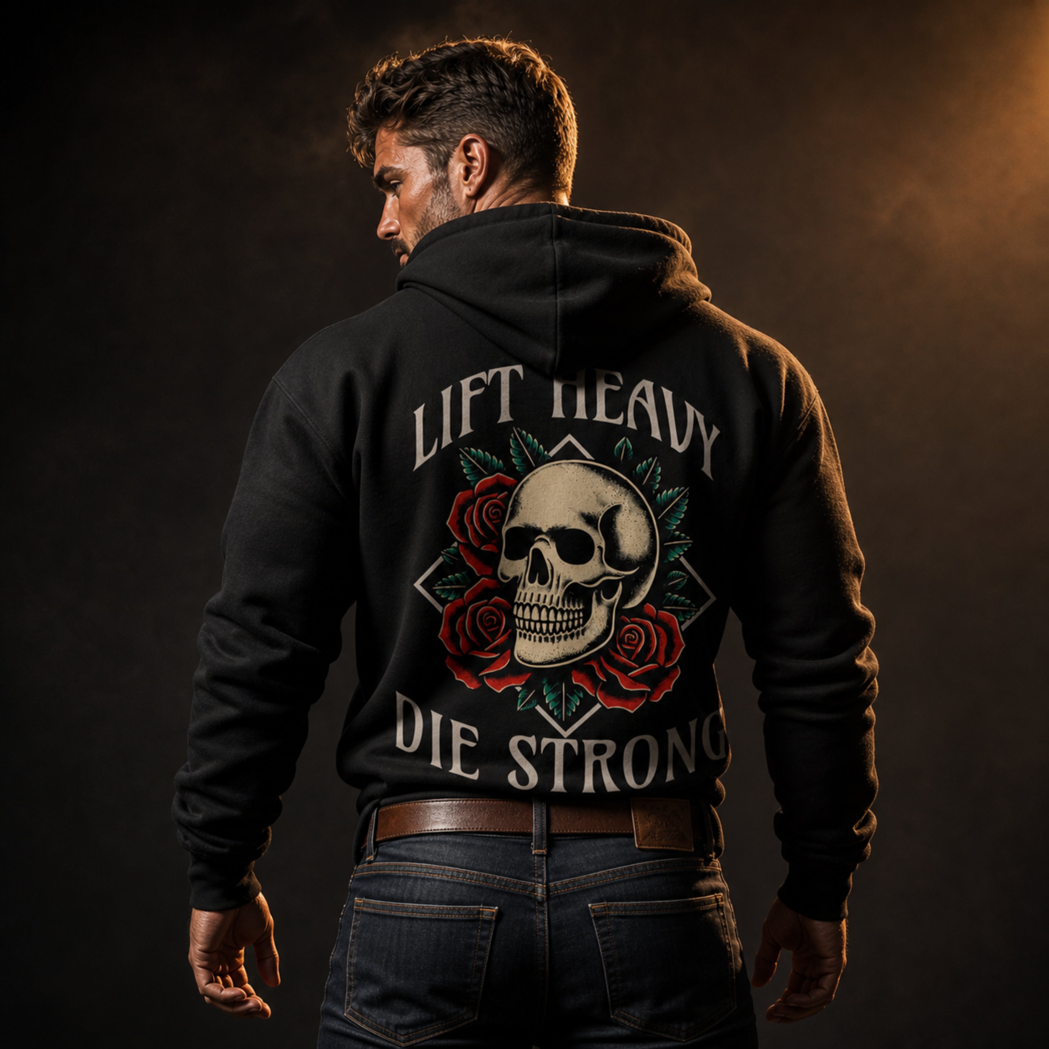 Athletic Hoodie — "Lift Heavy, Die Strong" Skull & Roses Fitness Hoodie
